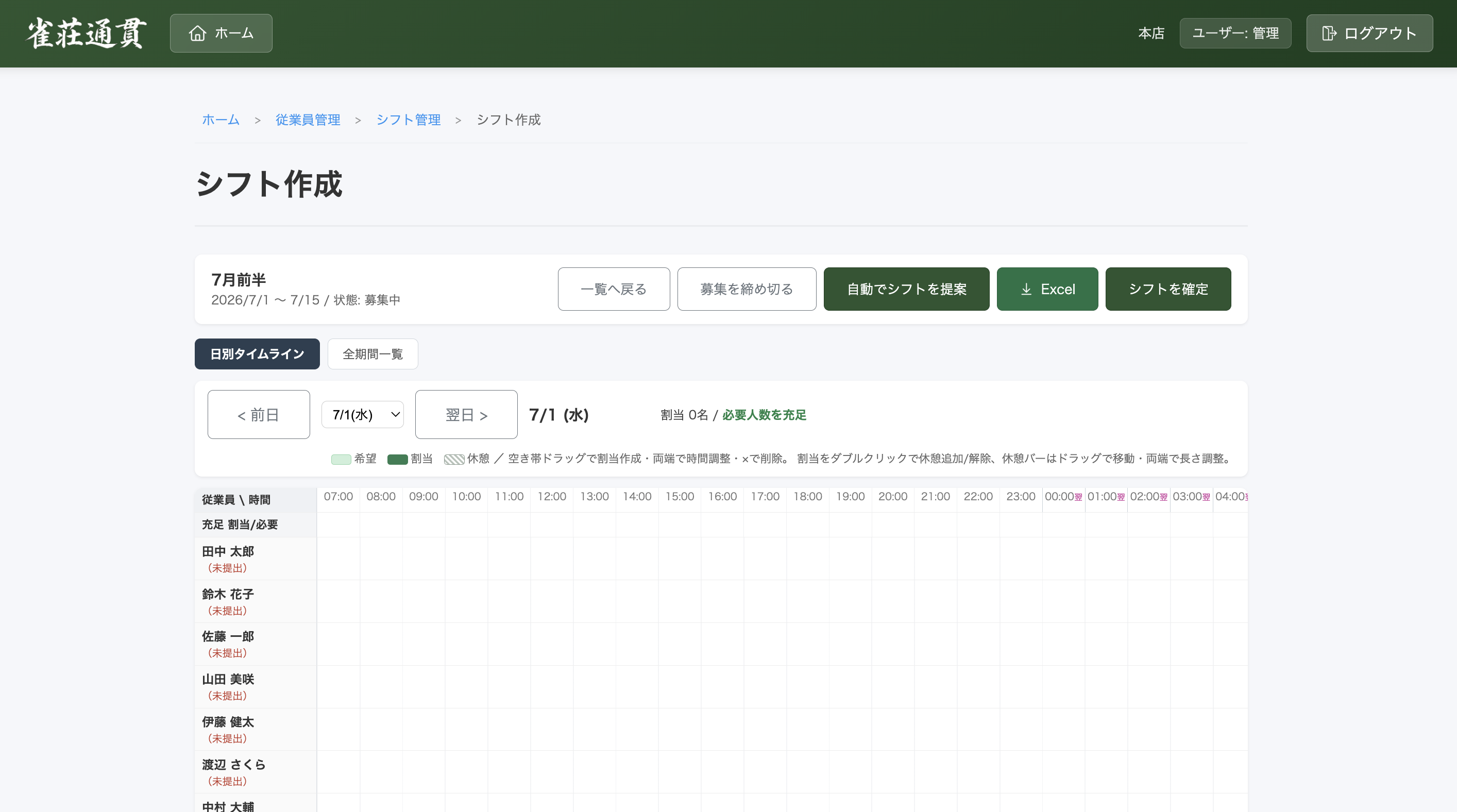 従業員管理（シフト管理）画面